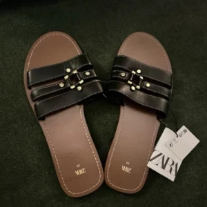 Zara Flat Crossed Leather Sandals For Women
