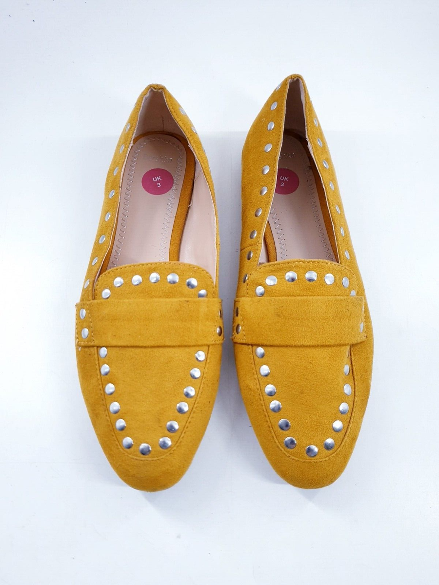Bershka Mustard Yellow Faux Suede Studded Flat Loafers For Women