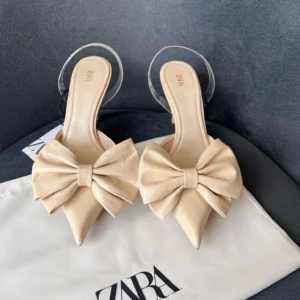 ZARA Cream Bow High-Heel Mules For Women