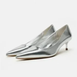 Zara Silver Metallic Pointed Toe  Kitten Heels For Women