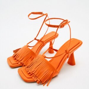 Zara Orange Fringe High Heel Leather Sandals For Women