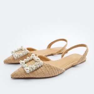 ZARA Embellished Straw Slingback Flats For Women